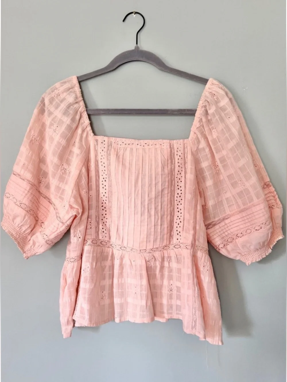 Jennifer & Grace Light Pink Peach Lace-Trim Peasant Blouse Top Shirt XS